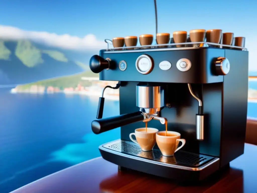 Experiencias cafeteras en cruceros: Máquina de espresso moderna en un lujoso barco, con un café perfectamente preparado