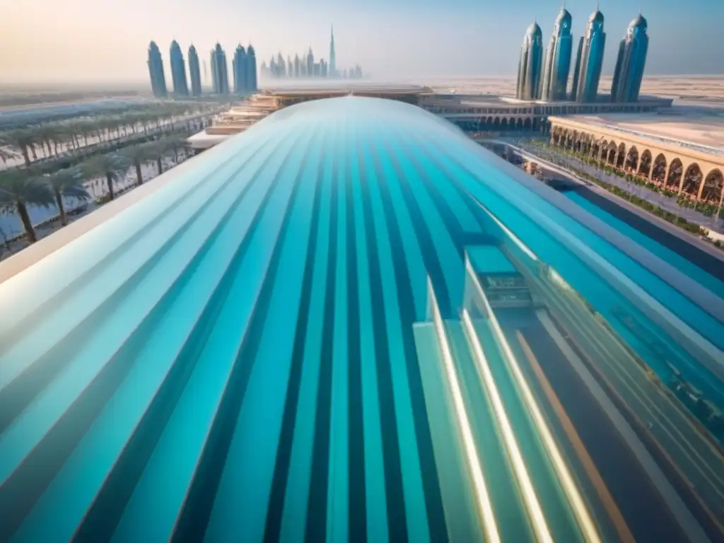 Experiencias de compras en Dubai: Vista aérea impresionante del icónico Dubai Mall rodeado de rascacielos modernos bajo un cielo azul claro