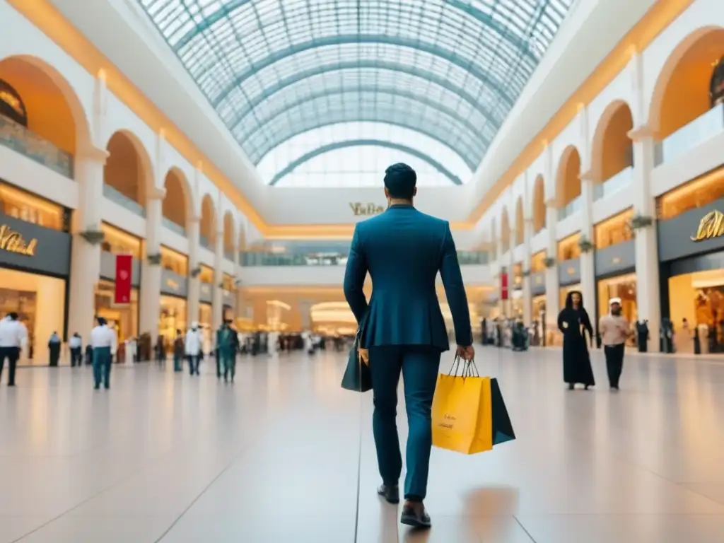 Experiencias de compras en Dubai: Majestuoso Dubai Mall, símbolo de lujo y elegancia con visitantes llevando bolsas de diseño