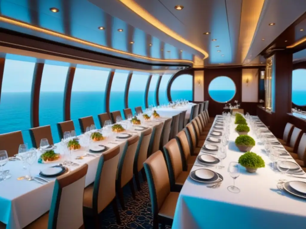 Exclusivo comedor de crucero de lujo con fina vajilla y gourmet Experiencias culinarias en crucero gourmet: elegante comedor con fina vajilla y platos gourmet en ambiente exclusivo