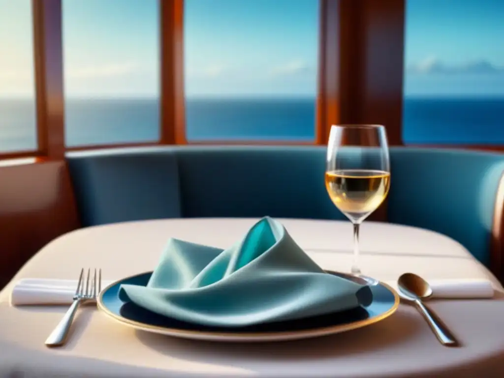 Mesa de lujo en crucero: elegancia minimalista Experiencias culinarias en cruceros gourmet: Mesa elegante en un lujoso barco, con fina vajilla, cristalería y ambiente sereno