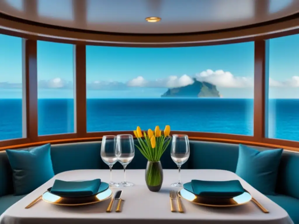 Experiencia gastronómica de lujo en crucero Experiencias culinarias exclusivas en cruceros: mesa elegante con vajilla exquisita y vista al mar desde suite de lujo