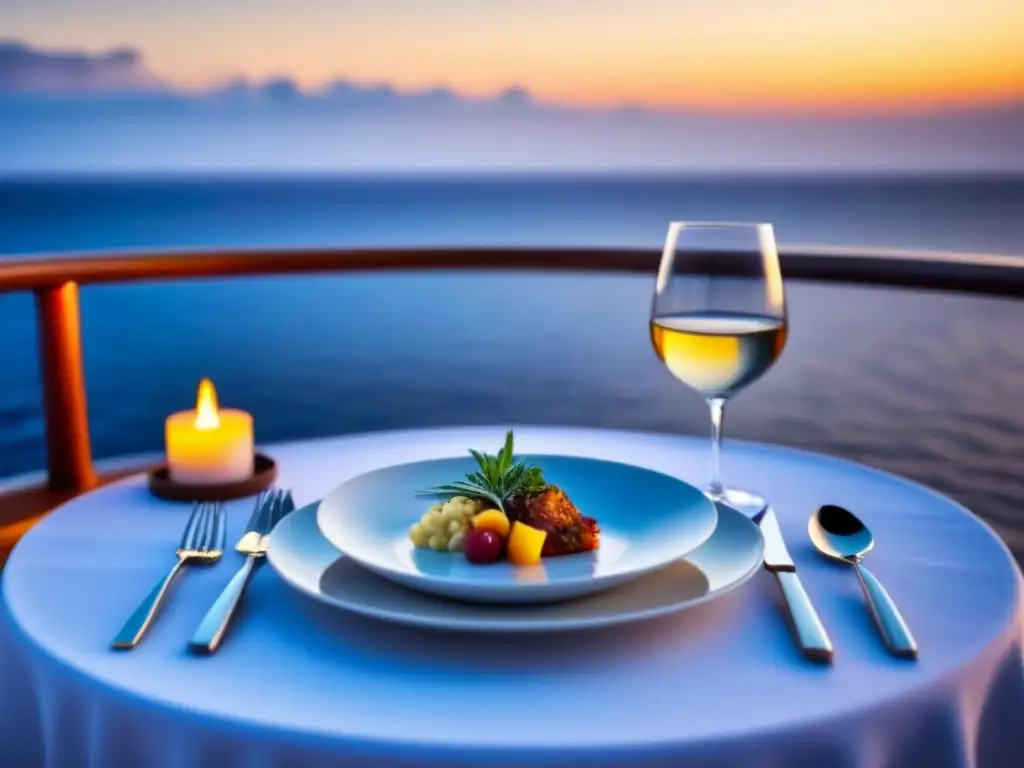 Experiencias culinarias íntimas en cruceros: mesa lujosa al atardecer con exquisito platillo y elegante vajilla en cubierta