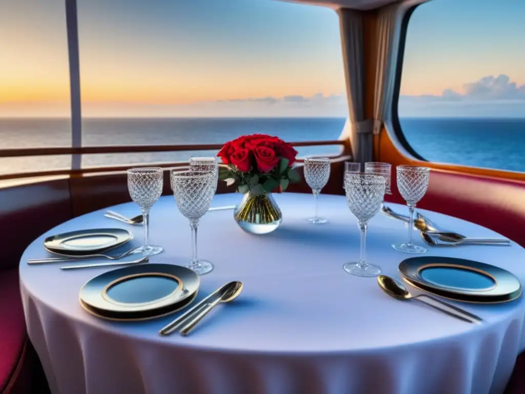 Experiencias culinarias íntimas en cruceros: Mesa elegante con vista al mar, atardecer cálido de fondo