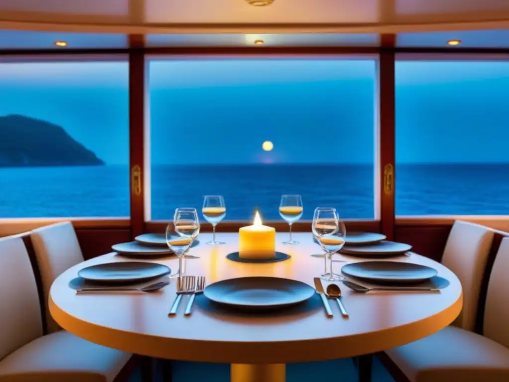 Experiencias culinarias íntimas en cruceros: mesa elegante con vela en un entorno sereno y romántico junto a la ventana