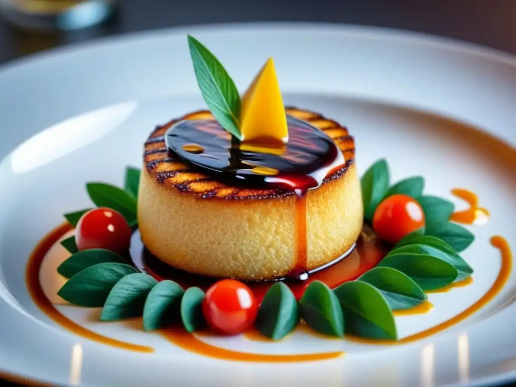 Experiencias culinarias íntimas en cruceros: un plato gourmet bellamente decorado con colores vibrantes y texturas intrincadas