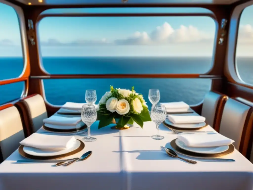 Experiencias culinarias únicas en crucero: mesa elegante con vajilla fina y vista al mar