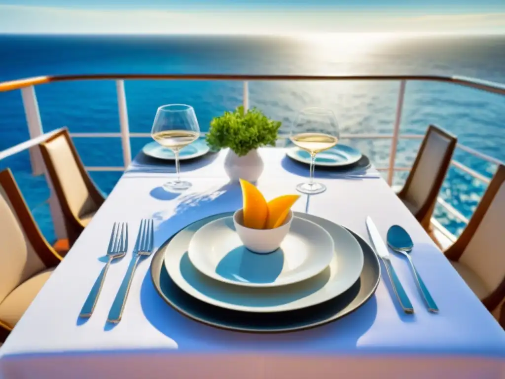 Experiencias culinarias únicas en crucero: mesa elegante con vajilla y platos gourmet en cubierta, bañada por luz natural y vista al mar