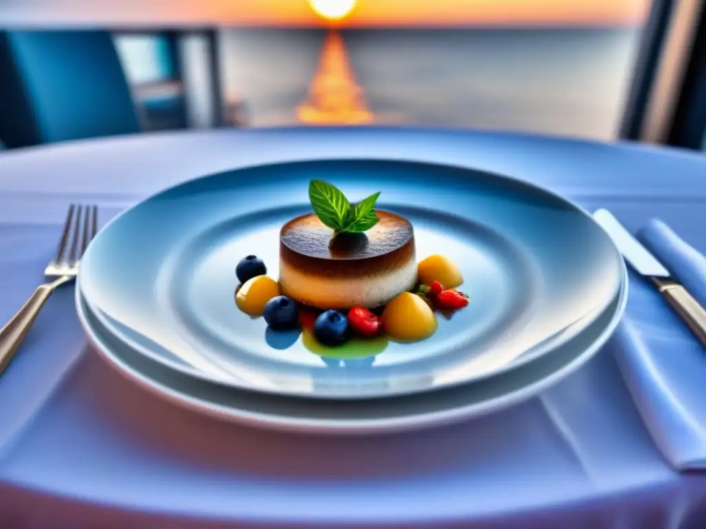 Experiencias culinarias únicas en crucero: plato gourmet en vajilla moderna, colores vibrantes, detalles delicados y fondo de mar borroso