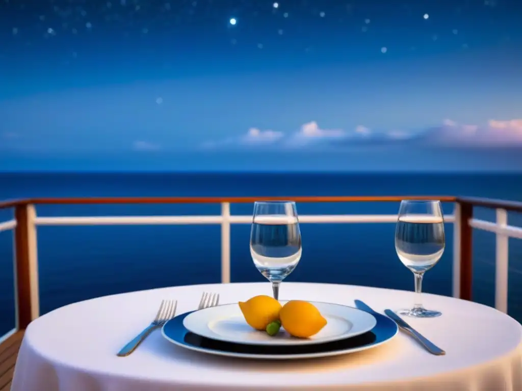 Experiencias gastronómicas en crucero bajo estrellas, mesa elegante iluminada por velas