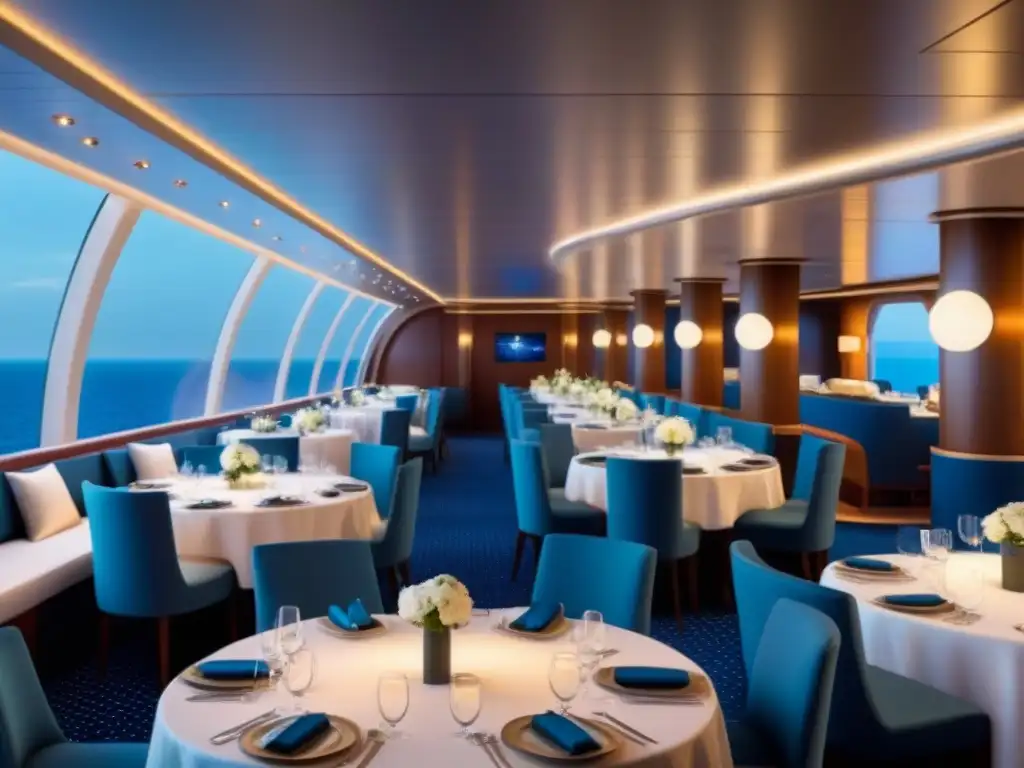 Experiencias gastronómicas en crucero bajo las estrellas con mesas elegantes, vajilla sofisticada y ambiente mágico nocturno