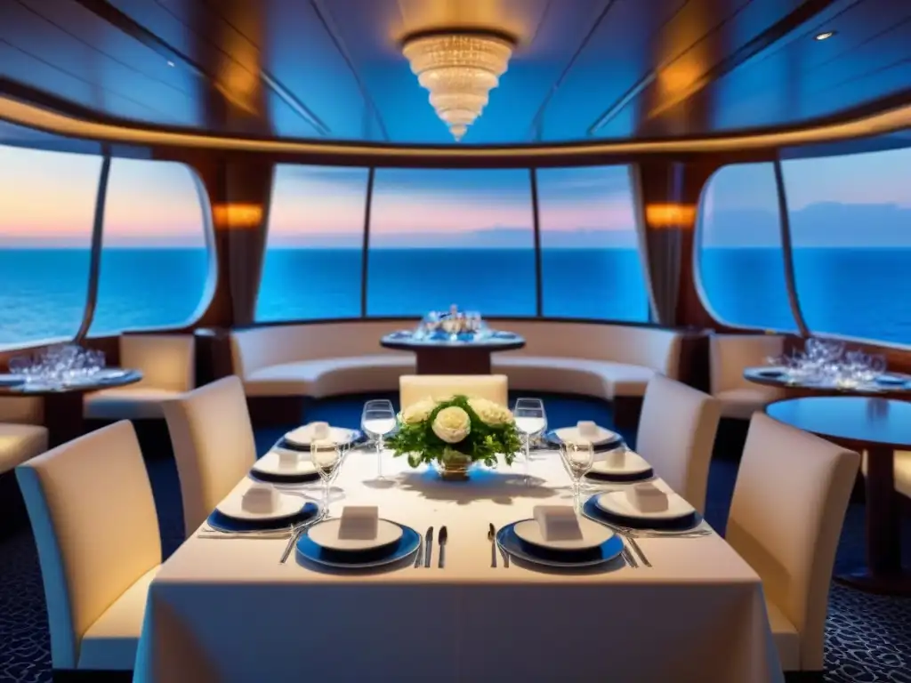 Experiencias gastronómicas en crucero de lujo al atardecer en el elegante comedor con vista al mar calmado