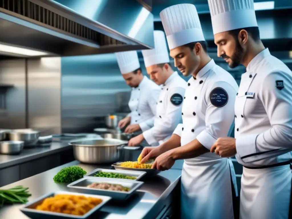 Experiencias gastronómicas en cruceros: Cocina moderna de un crucero con chefs creando platos elegantes