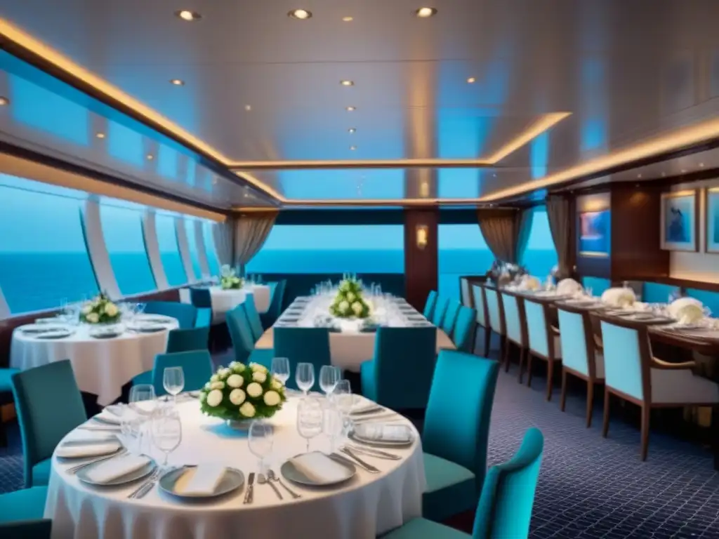 Experiencias gastronómicas en cruceros: Elegante comedor de crucero con mesa lujosamente decorada y ambiente sofisticado