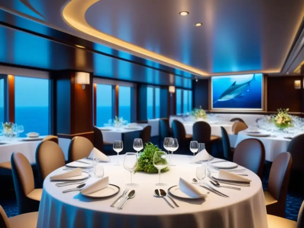 Experiencias gastronómicas en cruceros de lujo: elegante comedor con vajilla brillante y exquisito platillo de mariscos