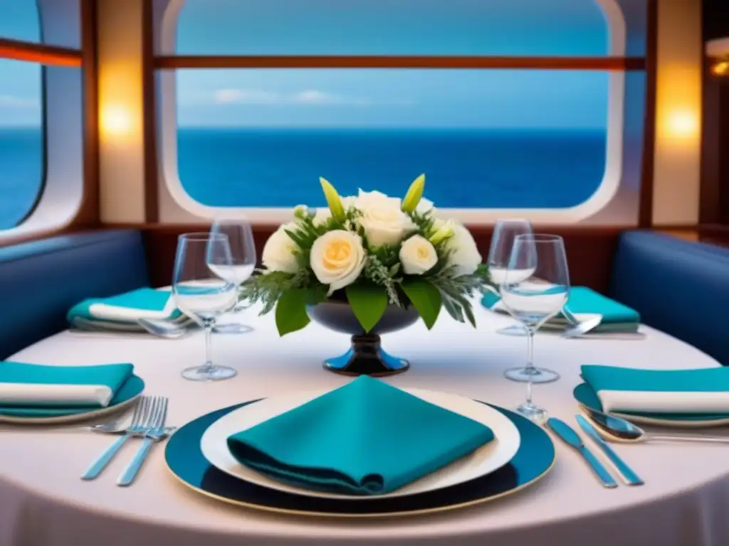 Experiencias gastronómicas en cruceros de lujo: Mesa elegante con vajilla fina y cristalería, decorada con centro floral y cubiertos de plata