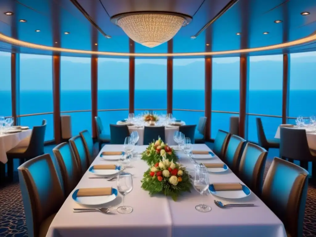 Experiencias gastronómicas en cruceros de lujo: salón elegante con vistas al mar, mesa finamente decorada y ambiente sofisticado