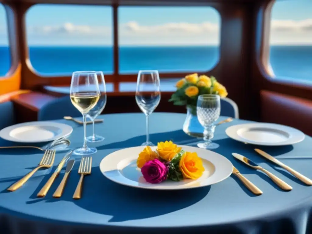 Experiencias gastronómicas en cruceros de lujo: mesa elegante con vajilla fina y vista al mar