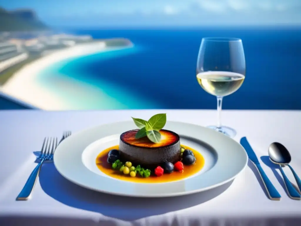 Experiencias gastronómicas cruceros multisensoriales: Plato gourmet en crucero moderno con vista al mar