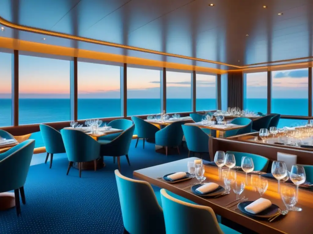 Experiencias gastronómicas cruceros multisensoriales en elegante restaurante con vistas al mar