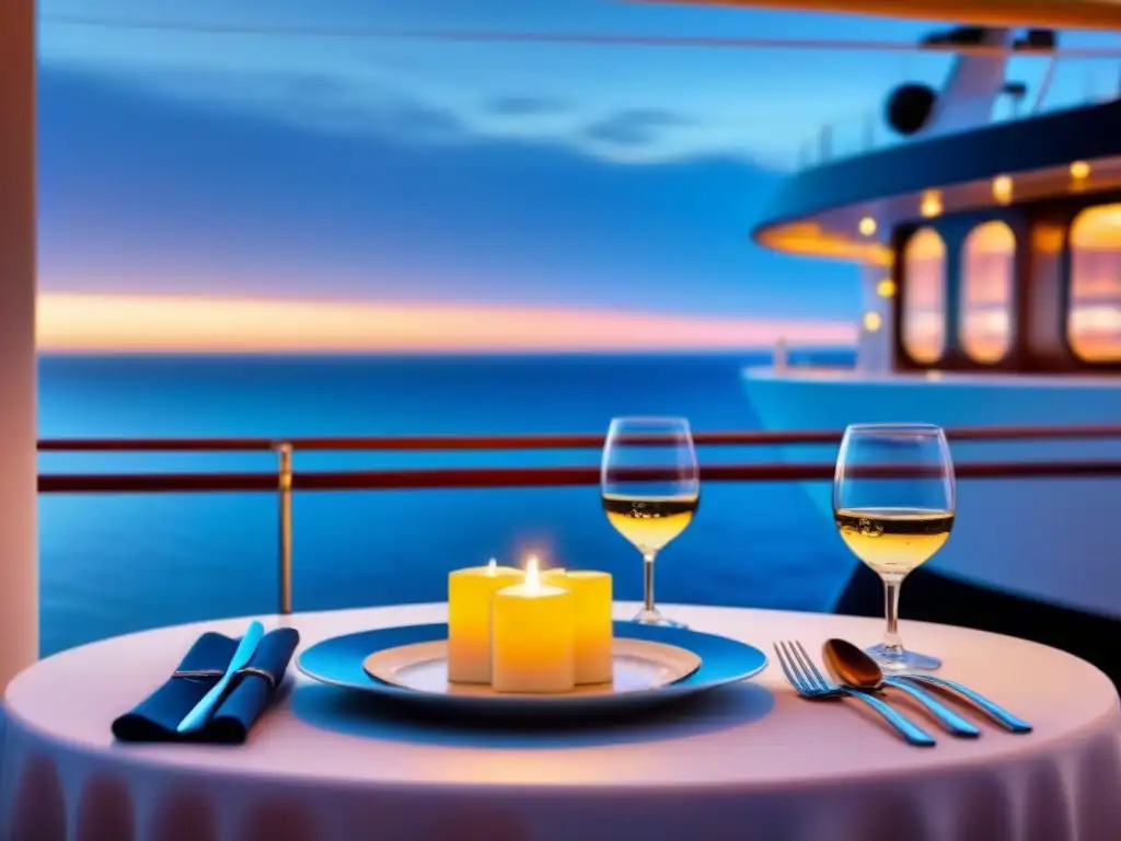 Experiencias gastronómicas únicas cubierta en un elegante comedor de crucero iluminado por velas bajo un cielo estrellado