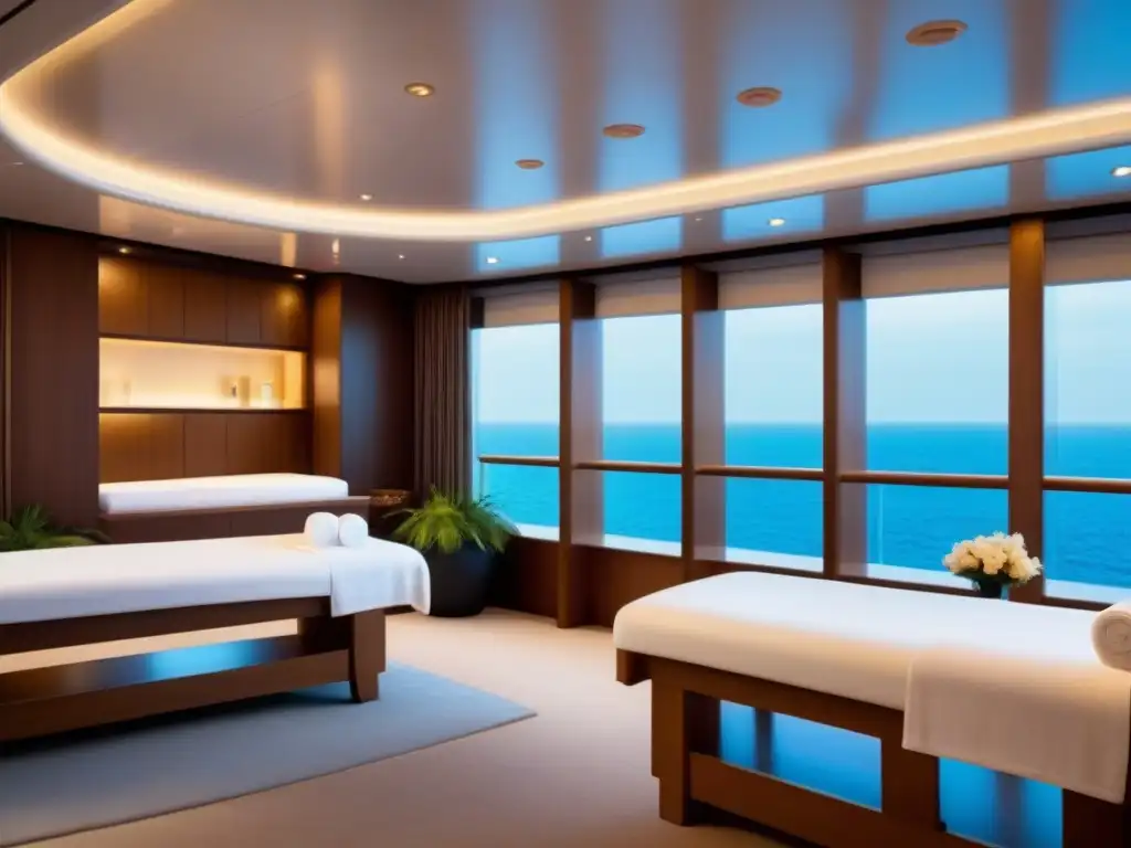 Experiencias inmersivas crucero lujo en spa elegante con diseño moderno, ambiente sereno y vista al mar