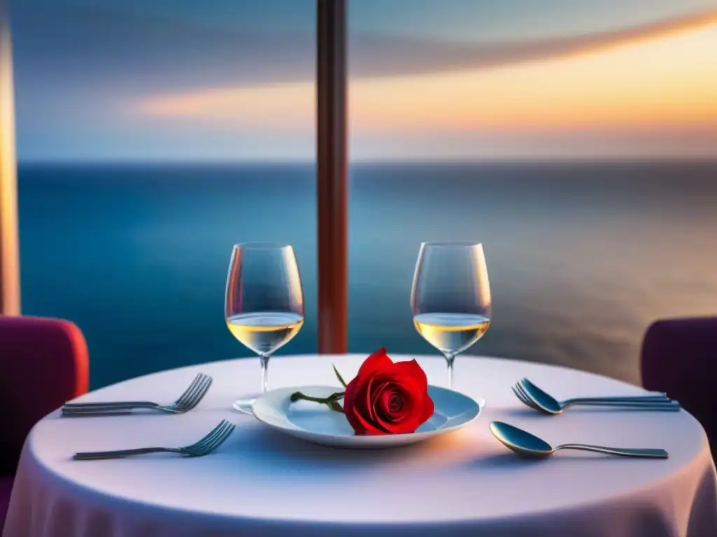 Experiencias inmersivas crucero lujo: Mesa de comedor elegante en un crucero de lujo, con vajilla blanca y rosa al atardecer en el mar