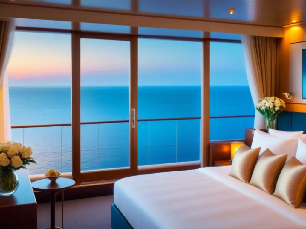 Experiencias inolvidables suites crucero: suite lujosa al atardecer con cama king, balcón privado y ambiente sereno