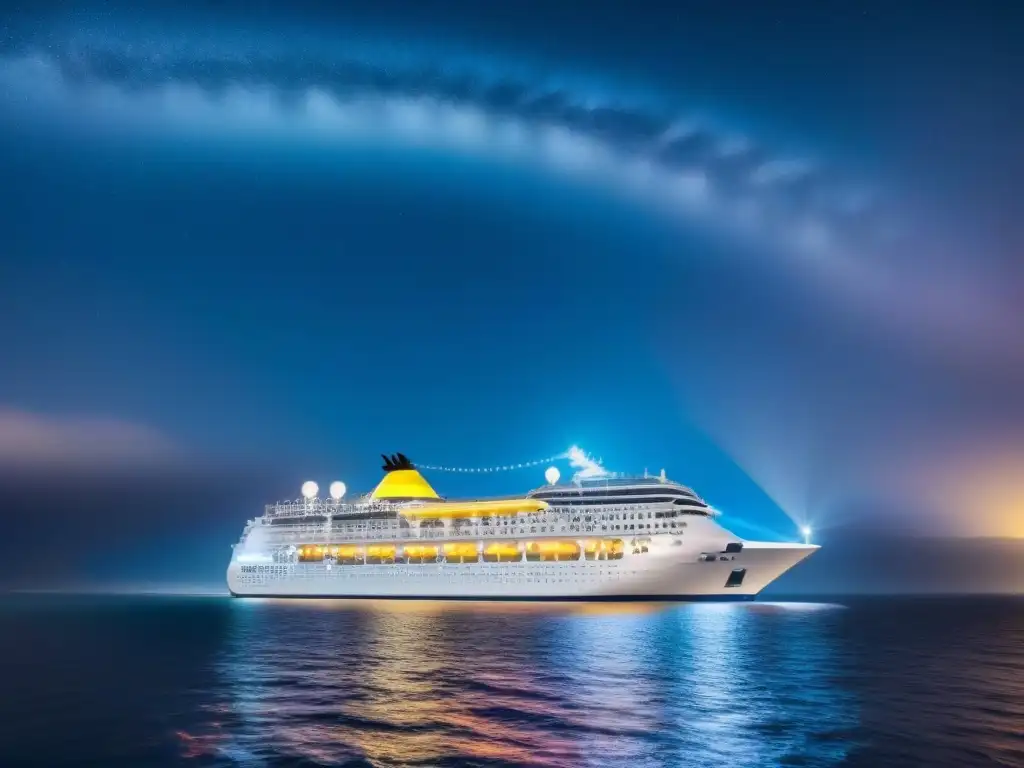 Experiencias musicales en crucero marítimo: concierto nocturno con músicos y luces vibrantes sobre el mar tranquilo