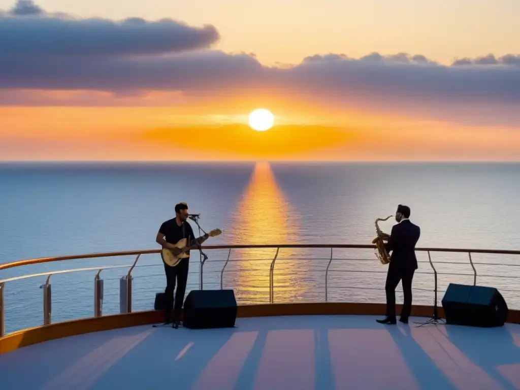 Experiencias musicales en crucero marítimo: Atardecer en el mar con banda tocando en cubierta