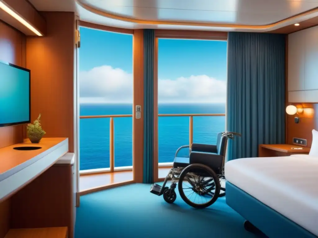 Experiencias para pasajeros con discapacidades en cruceros: cabina accesible moderna con diseño elegante, baño adaptado y vista al mar