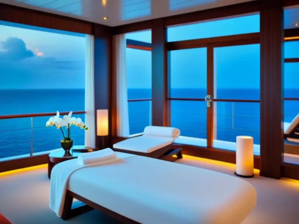 Experiencias de spa en cruceros: Un espacio sereno y relajante en un lujoso barco, con decoración minimalista y vista al mar