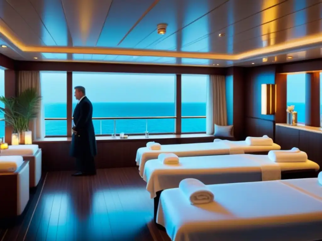 Experiencias de spa en cruceros: Espacio sereno con decoración minimalista, tonos neutros y luz ambiental suave en un crucero