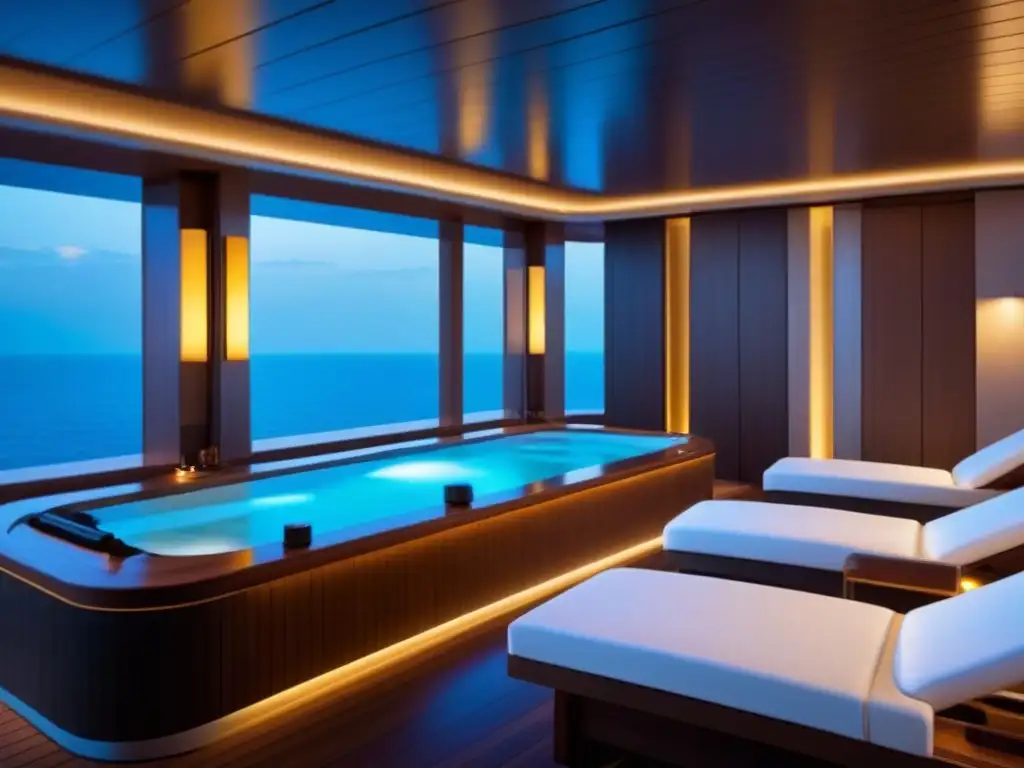 Experiencias de spa en cruceros: Imagen 8k detallada de un lujoso spa en un barco, con diseño minimalista y serena atmósfera