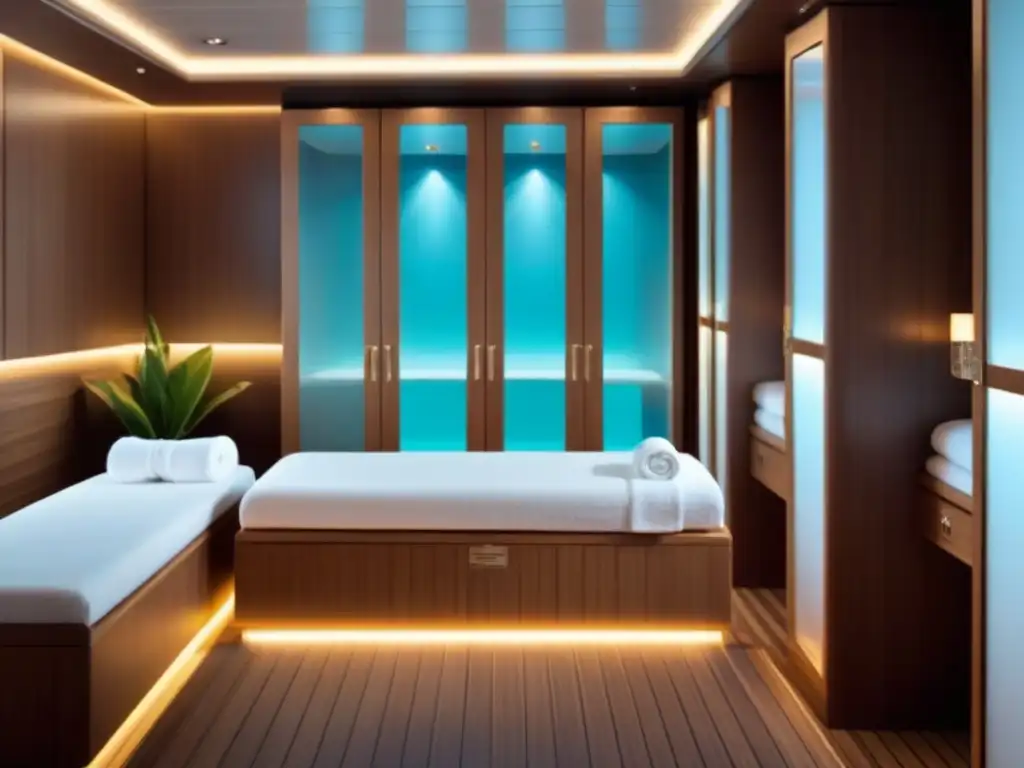 Experiencias de spa en cruceros: un lujoso spa a bordo con toallas blancas, lockers de madera y una suave iluminación ambiental