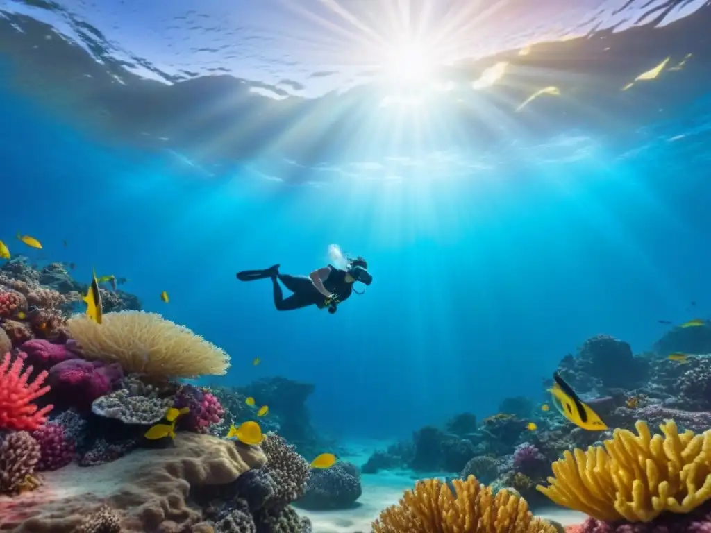 Experiencias VR turismo marítimo: auriculares sumergidos en arrecife de coral vibrante bajo el agua, fusionando tecnología y naturaleza