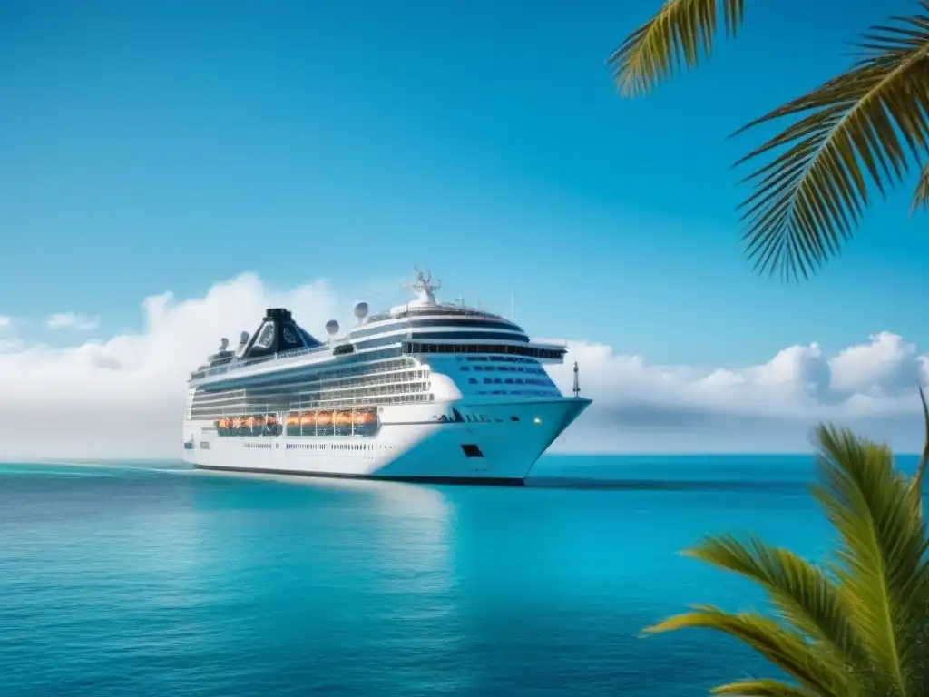 Experiencias en tierra cruceros: Un lujoso crucero en un puerto tropical con aguas turquesa y palmeras al fondo, transmitiendo tranquilidad y lujo