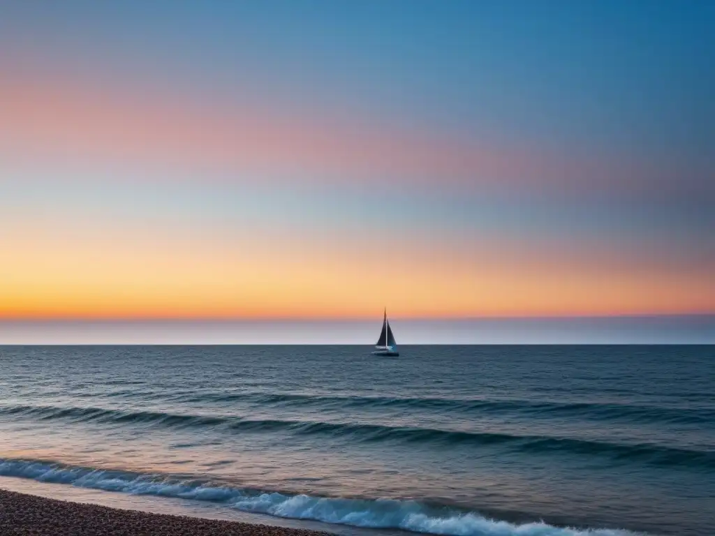 Experiencias turismo marítimo cruceros: Un atardecer sereno en el mar con un velero y gaviotas