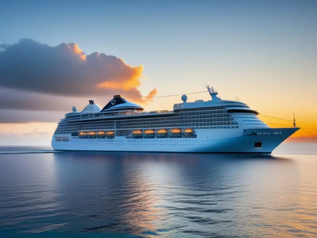 Experiencias únicas a bordo cruceros: Un crucero de lujo navega bajo un cielo dorado al atardecer en aguas serenas