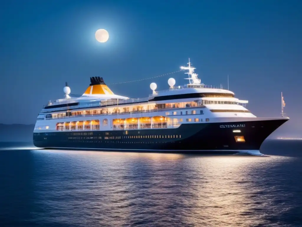 Experiencias VIP en cruceros de lujo: Un lujoso barco navegando bajo un cielo estrellado con la luna brillante reflejándose en el mar tranquilo