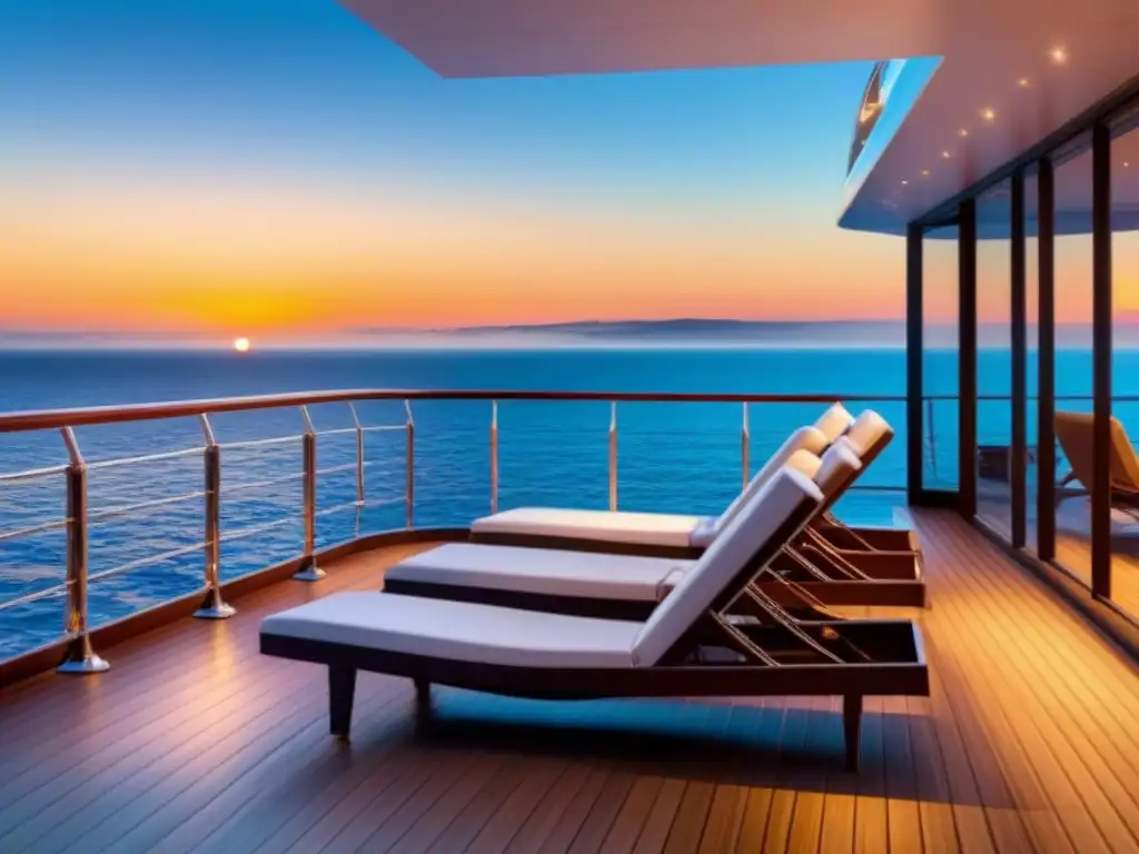 Experiencias VIP en cruceros de lujo: Deck de un lujoso barco al atardecer, con diseño moderno, piscina y vistas panorámicas al mar