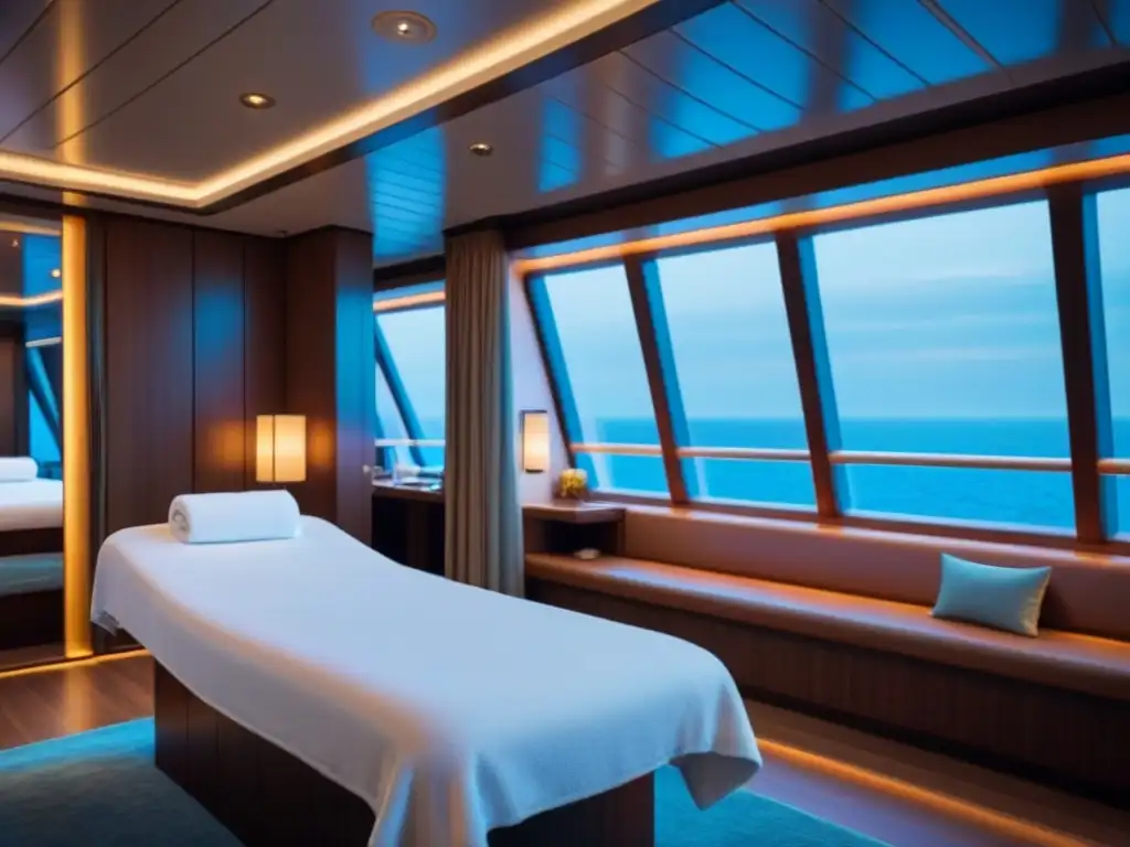 Experiencias VIP en cruceros de lujo: sala de spa serena con diseño moderno, iluminación ambiental suave y vista al mar