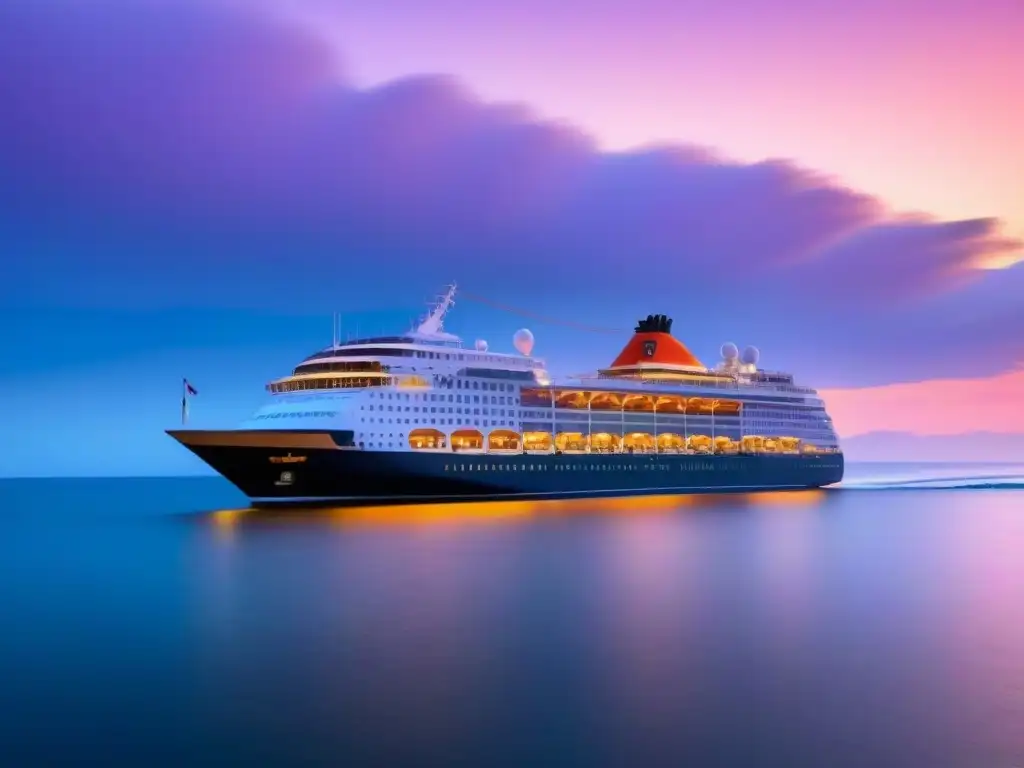 Experiencias VIP en cruceros de lujo: Un lujoso barco navegando al atardecer en un mar sereno con un cielo anaranjado y rosado