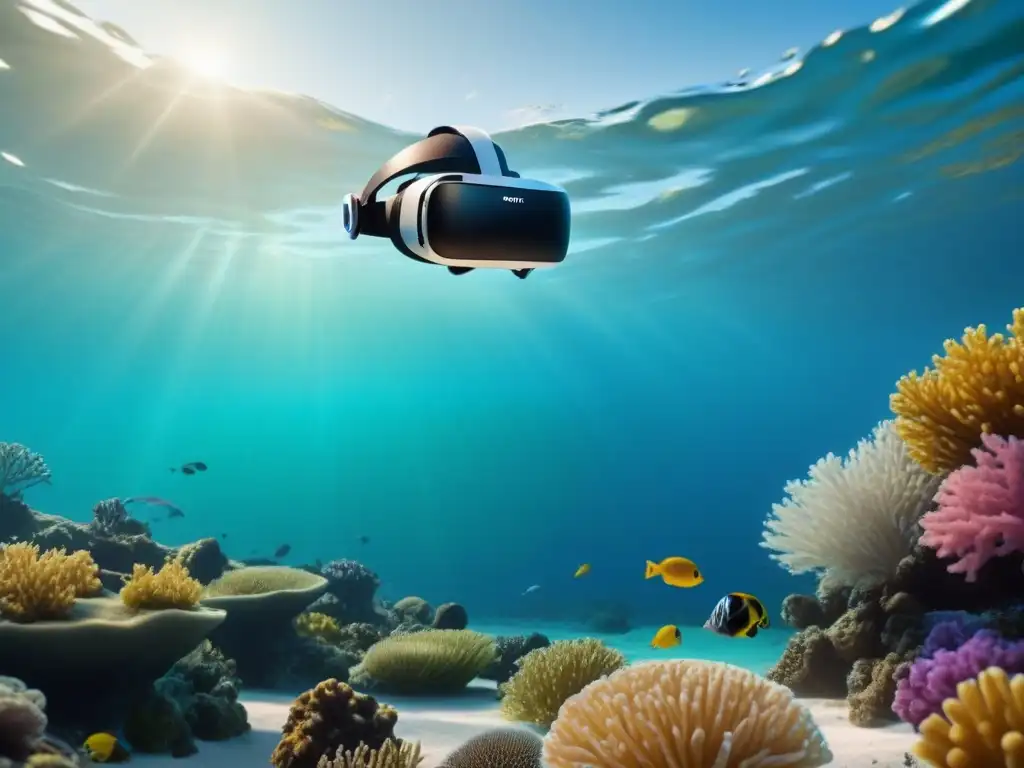 Experiencias VR turismo marítimo: Visor flotante en paisaje submarino sereno y futurista