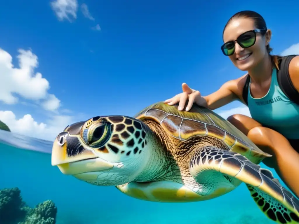 Experiencias de voluntariado en cruceros ecológicos: un voluntario sostiene con amor una tortuga marina en aguas cristalinas