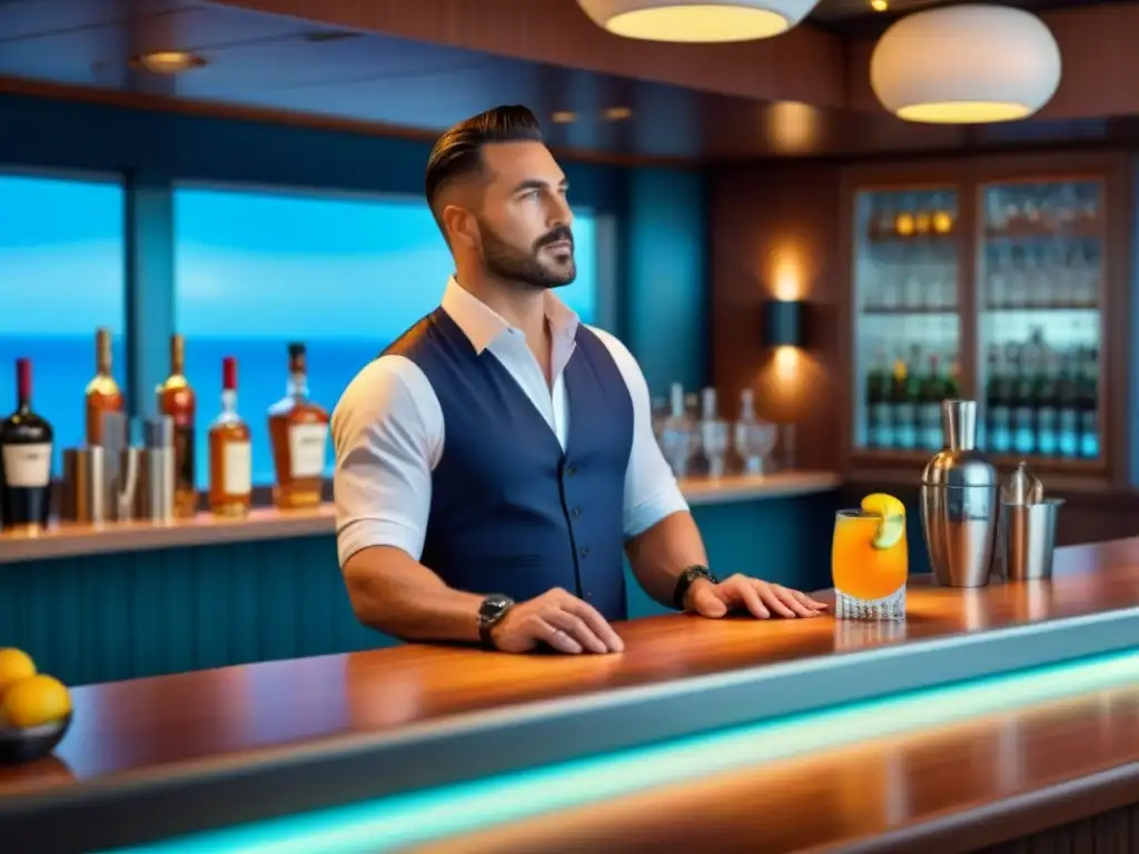 Exclusivo barco de crucero: cocktail vibrante y experto Un experto mixólogo en un bar de crucero, preparando un cóctel vibrante con precisión y elegancia
