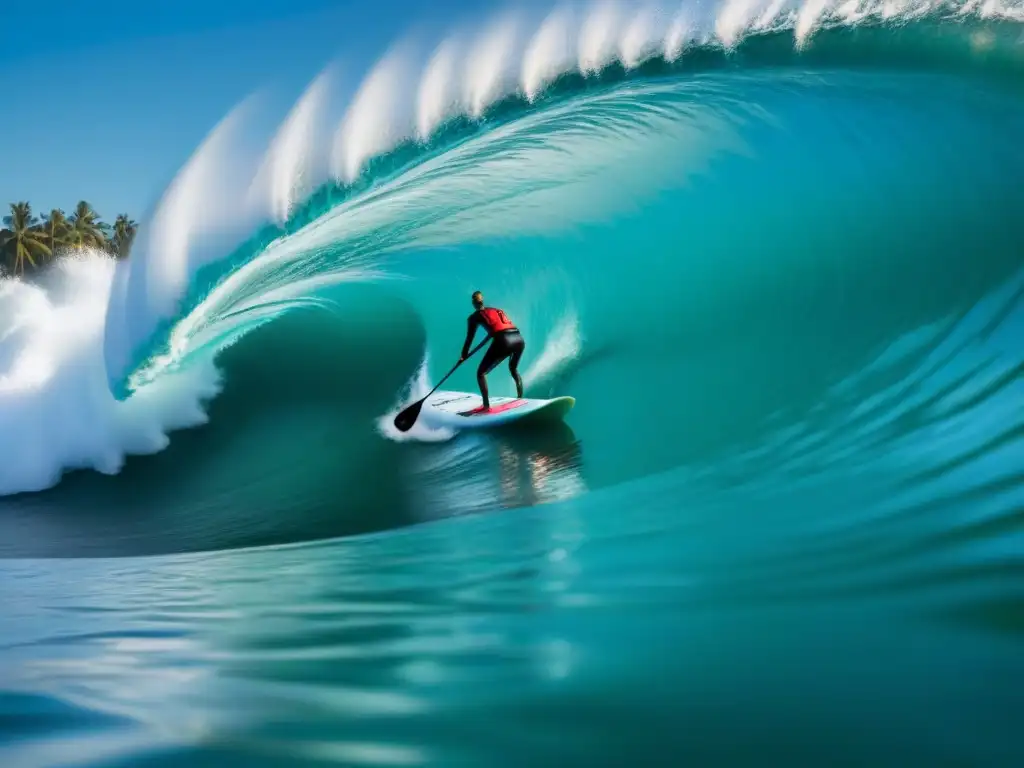 Un experto paddleboarder surfeando una ola gigante en un paraíso tropical