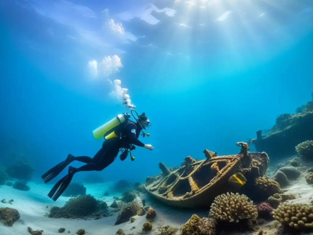 Exploración detallada de arqueología subacuática en cruceros: buzos excavando naufragio rodeados de vida marina vibrante