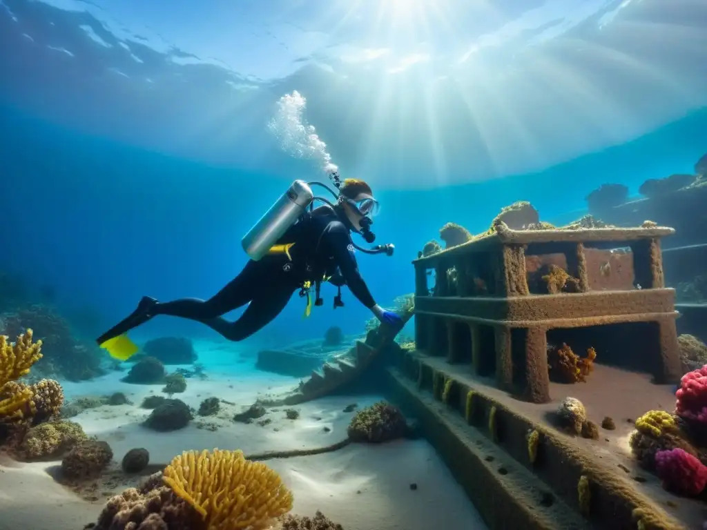 Exploración detallada de un pecio rodeado de peces y corales, con rayos de sol filtrándose