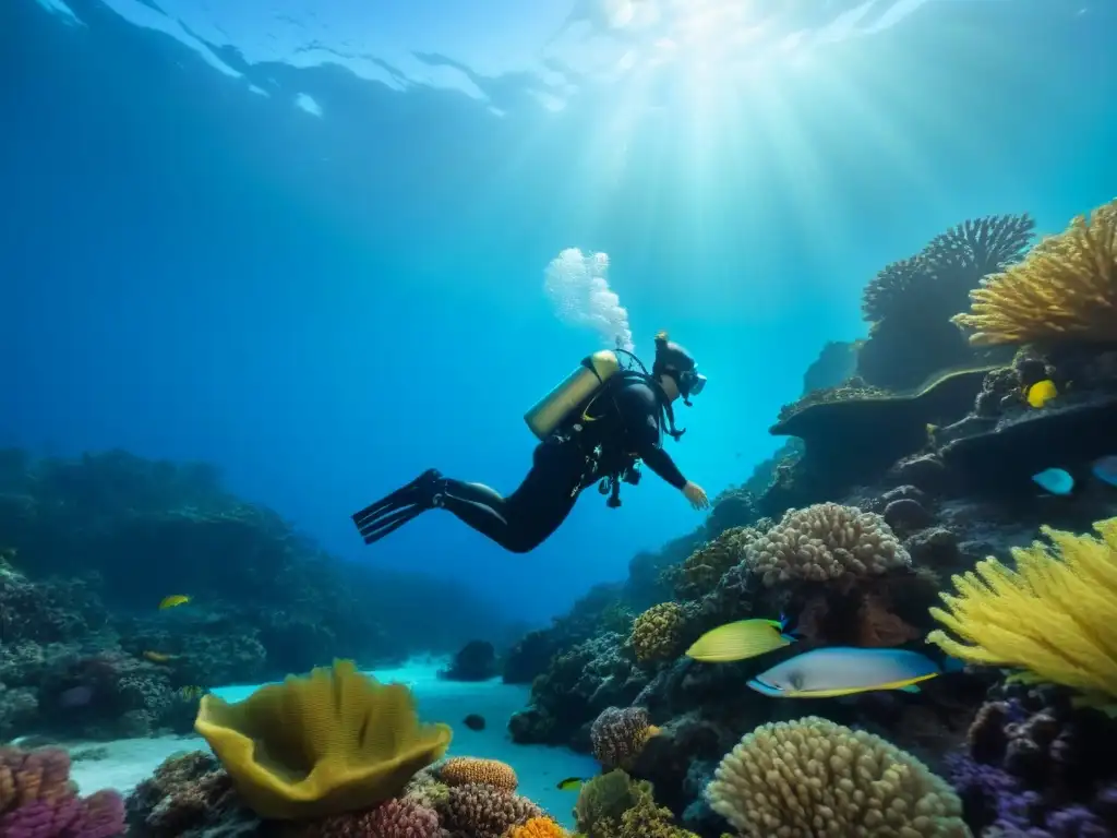 Exploración inclusiva en un arrecife de coral lleno de vida marina, buceo accesible para personas con movilidad reducida